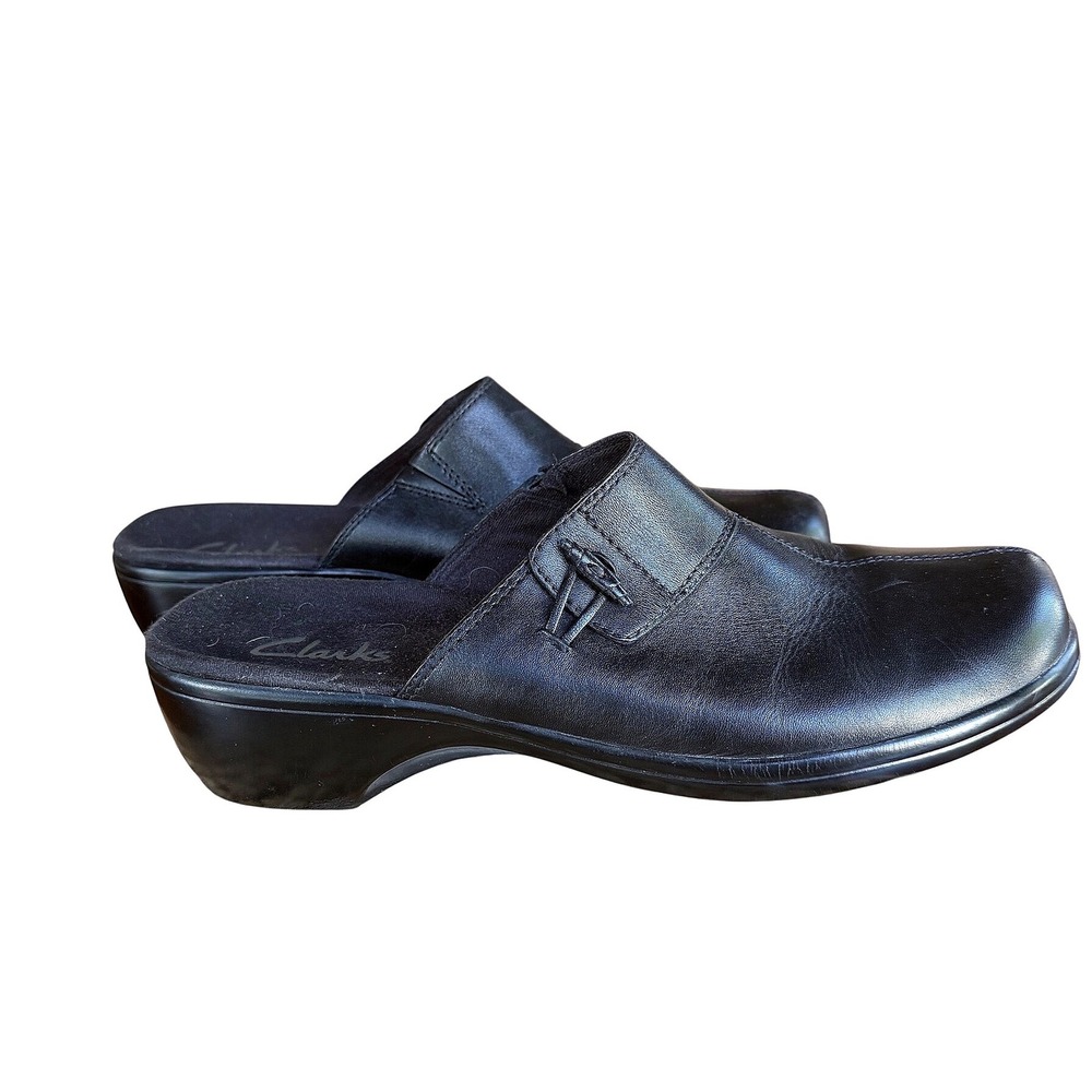 Clarks Womens Black Leather Toggle Mules Low Wedge Slip On Clogs Size 9M